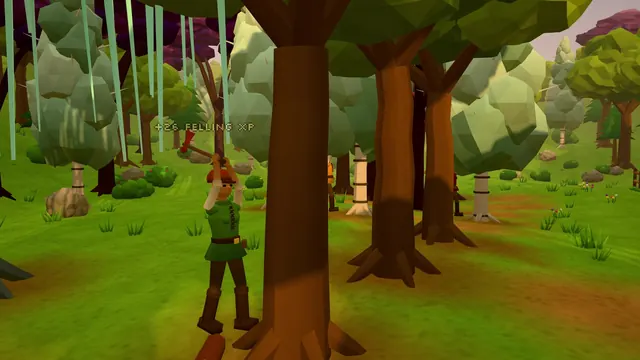 A woodcutter in a green tunic swings an axe at a tall tree as Felling XP pops up.