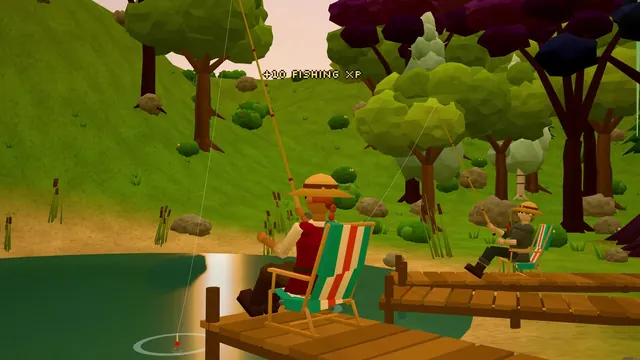 Two anglers in straw hats sit in striped beach chairs on the pier, fishing in the sunset glow.