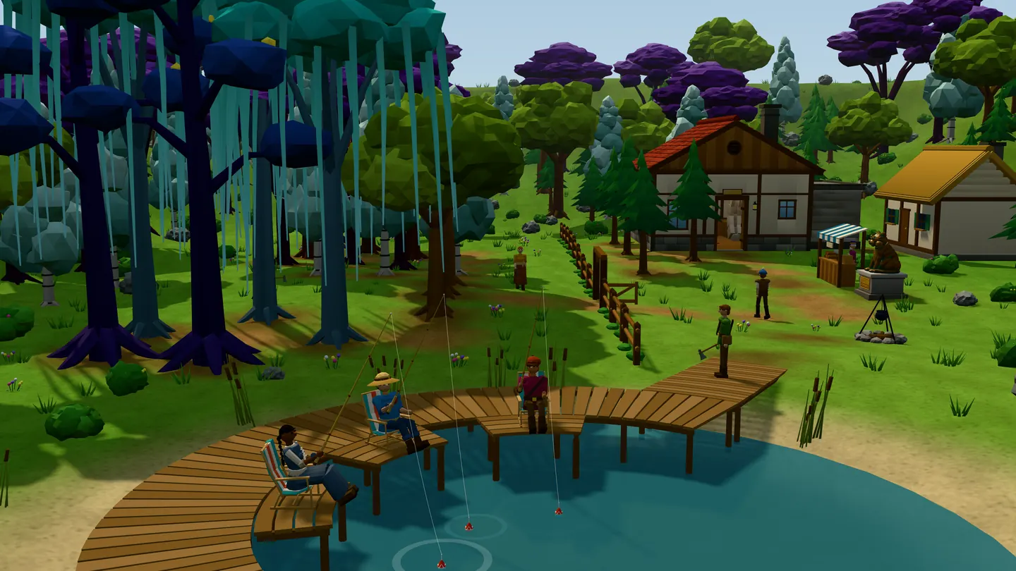 Holtgrove from over the pond: three players fish from the seats of the curved pier, below purple and teal trees, timber cottages, a stall and the hearth.