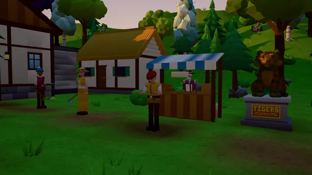 Players gather on the village green between the timber cottages and the stall.