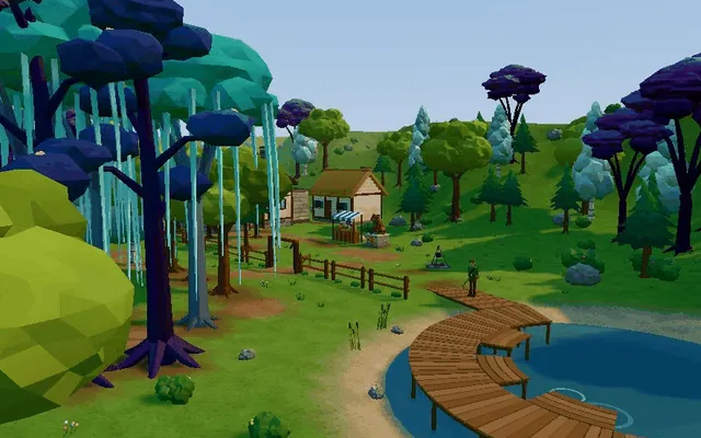 Holtgrove in warm light: purple and teal trees, the stall, and the curved pier on the pond