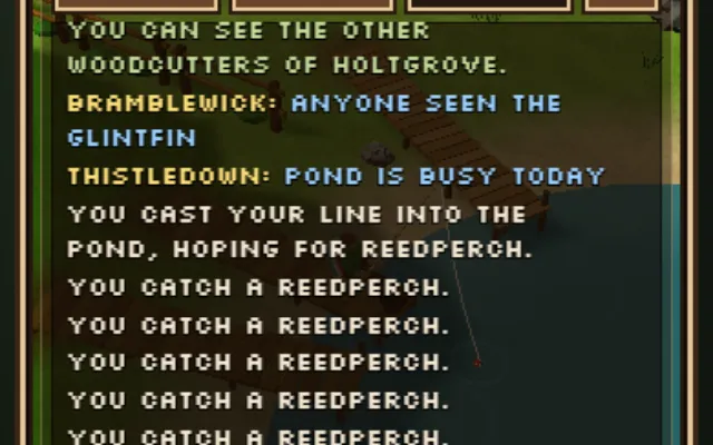 The chat window over the pond, with woodcutters talking about fishing